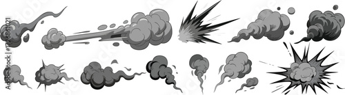 Cartoon smoke cloud collection with dynamic explosion effects for games and animation, adding dramatic flair and visual impact to your projects