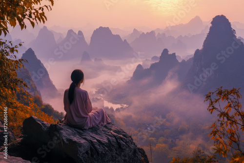 A person sits quietly on a rock, gazing at fog-covered mountains during sunrise, surrounded by colorful autumn foliage