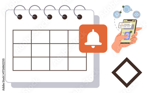 Hand holding smartphone with notifications beside calendar and alert icon. Ideal for scheduling, organization, reminders, productivity, planning, task management, focus. Modern simple flat metaphor