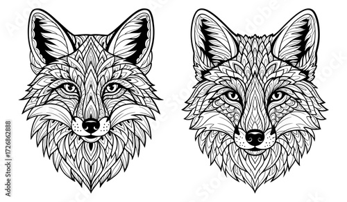 Vector art of two fox heads with detailed patterns, perfect for tattoo designs and coloring pages