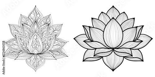 Vector art of two detailed lotus flower illustrations, , showcasing intricate petal designs and patterns