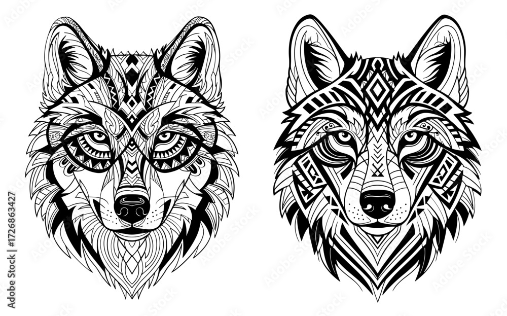 Obraz premium Vector art of two wolf heads with intricate tribal patterns, showcasing detailed line work and symmetry