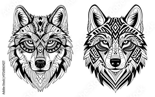 Vector art of two wolf heads with intricate tribal patterns, showcasing detailed line work and symmetry