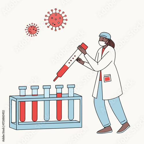 Vector illustration of a scientist in lab coat working with test tubes and syringe surrounded by virus cells, concept of research, medicine, and laboratory science