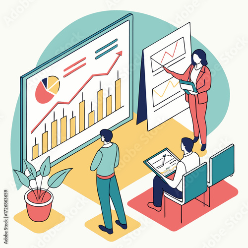 Isometric vector of business meeting with people analyzing charts and graphs on presentation boards. Perfect for corporate, finance, data analysis, and teamwork concepts