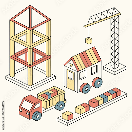 Flat isometric vector illustration of a construction site with crane, building frame, truck, and blocks. Perfect for architecture, engineering, urban development, and building industry concepts