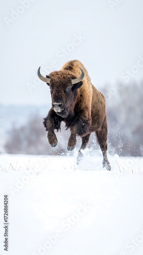 Wild bison leaping in snow