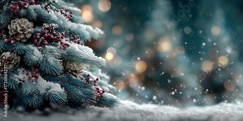 Christmas tree branches covered in snow, decorated with red berries and pine cones, with bokeh lights, copy space