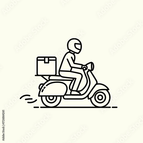 A person riding a scooter with a delivery box, illustration.