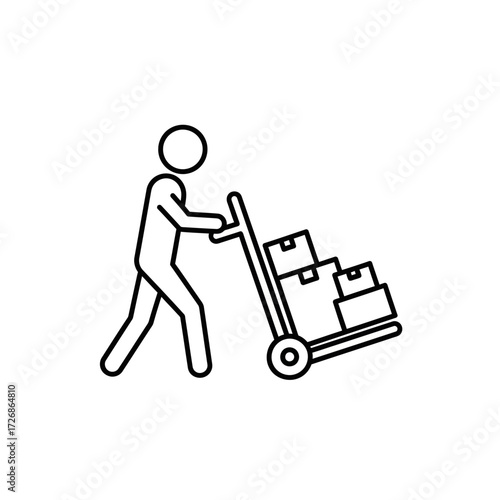 A simple line drawing of a person pushing a trolley loaded with boxes, representing logistics and delivery.