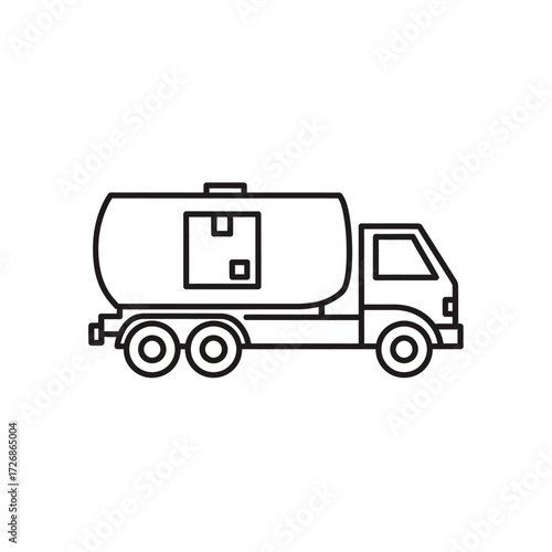 A simple black and white line drawing of a tanker truck carrying a box inside its tank.