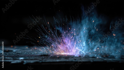 Welding sparks and smoke explode outward on dark metal surface