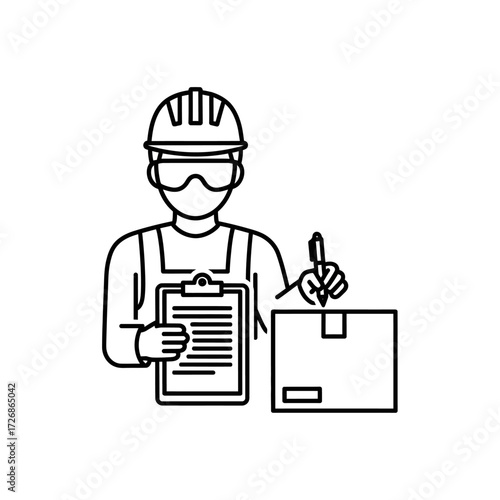 Line art of a worker with clipboard and box.