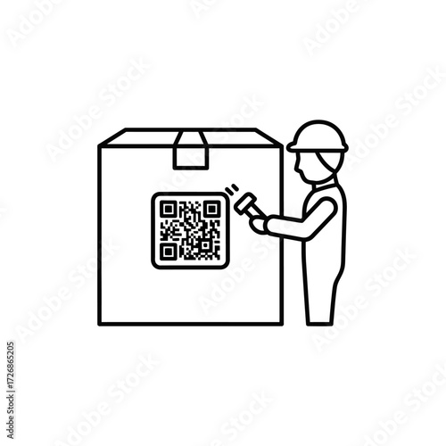 A line icon of a warehouse worker scanning a QR code on a large cardboard box with a handheld device.