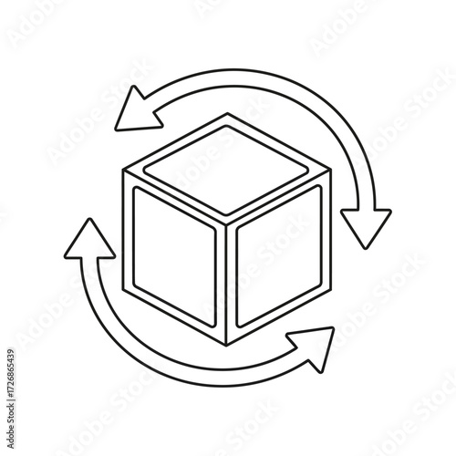 Rotating 3D cube graphic, representing data processing or recycling.