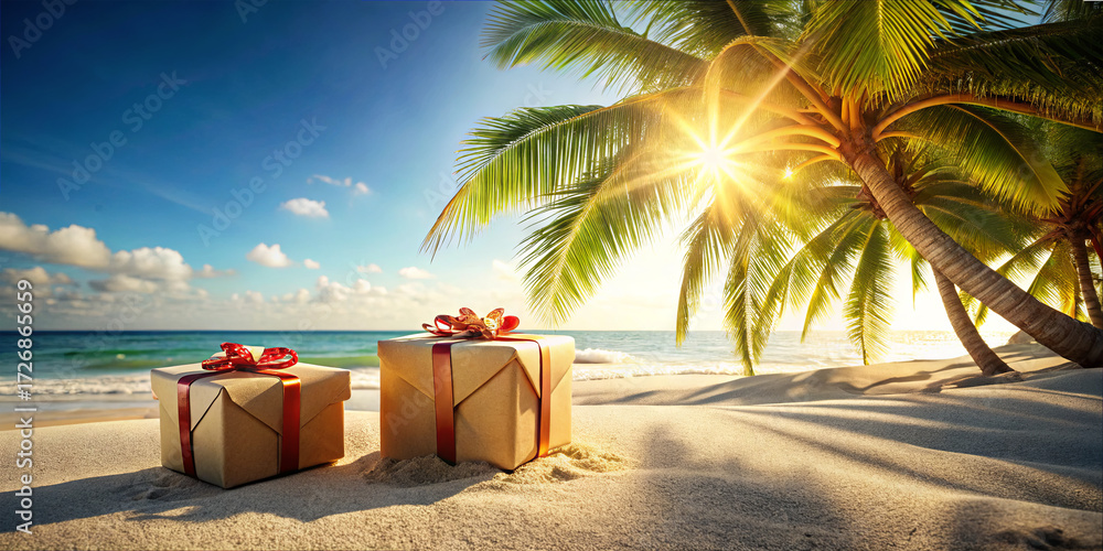 Obraz premium Two beautifully wrapped presents sit on a sandy beach, surrounded by lush palm trees. The sun sets on the horizon, casting a warm glow on the scene