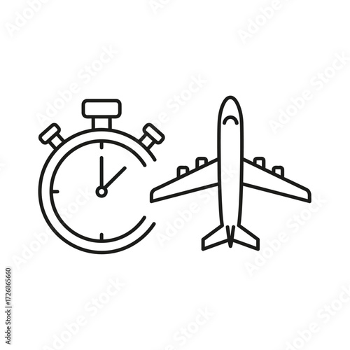 Icon of a stopwatch next to an airplane, representing travel time or flight duration.