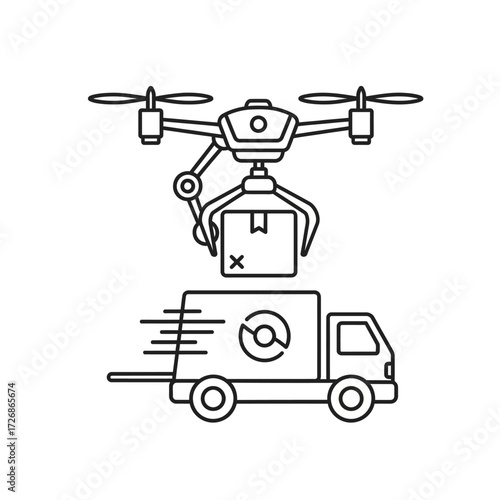 Drone delivering package to truck, line art illustration.