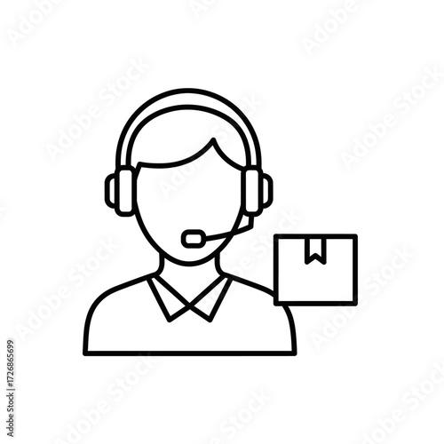 Outline icon of a customer support agent wearing a headset with a microphone, handling a package for delivery or logistics.