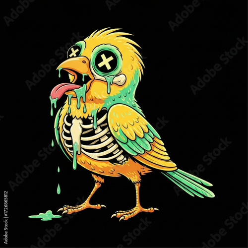 Zombie Bird with Dripping Goo - Illustrated Bird Decay