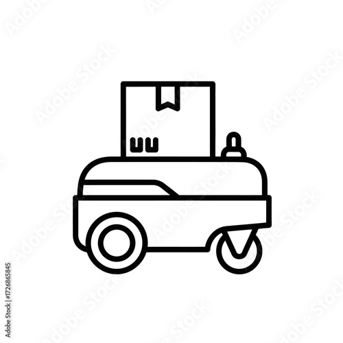 A minimalist line art illustration of an autonomous mobile robot carrying a box, symbolizing logistics and automation.