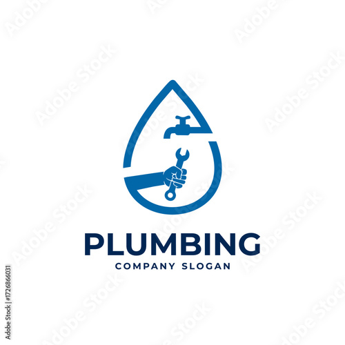 plumbing company logo with water drop and wrench design