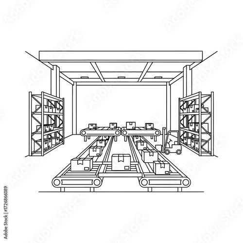 Automated warehouse interior with conveyor belts and stacked boxes, illustrating industrial logistics and supply chain operations.