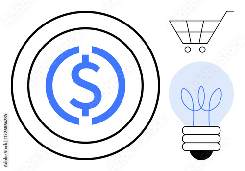 Dollar sign in circle, shopping cart, and lightbulb symbolizing finance, innovation, business, shopping, strategy, economy and idea generation. Ideal for financial planning e-commerce startups
