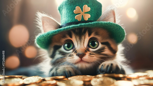 Cute Kitten in St. Patrick’s Day Leprechaun Costume with Gold Coins – Festive Holiday Digital Art