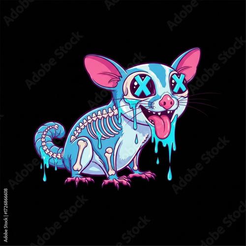 Spooky cute cartoon sugar glider with a dripping blue skeleton and X eyes