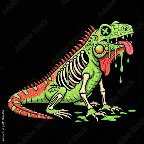 Zombie Iguana A Spooky and Spined Green Reptile in a Cartoon Illustration