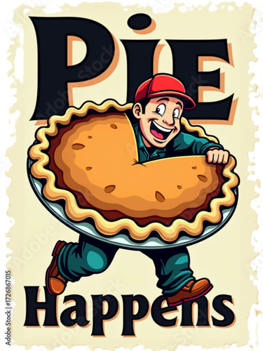 Cartoon man wrestling a giant pie, pie-themed poster, Pie Happens concept