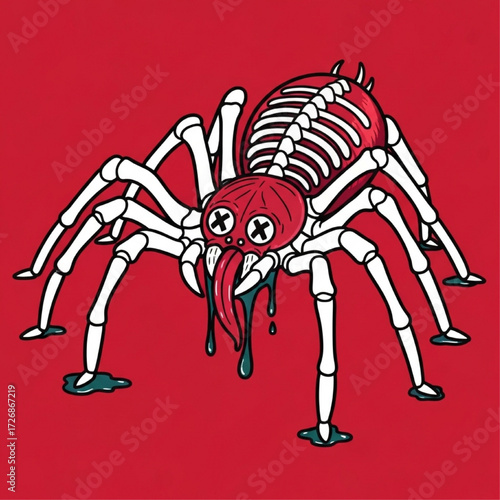 Stylized illustration of a skeletal arachnid monster with dripping venom and x-eyes