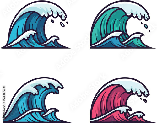 Colorful wave set with blue, green, pink, and dark blue ocean waves with foam