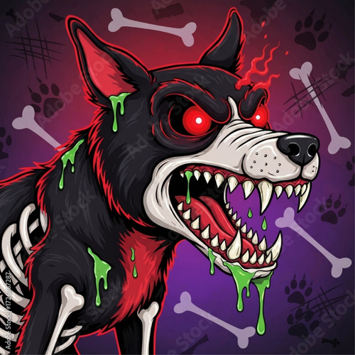 Terrifying Black Dog with Glowing Eyes and Dripping Saliva, Halloween Themed