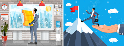 Businessman carrying money and worker achieving success with help. Financial profit and career growth concept. Business promotion.