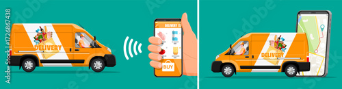 Man in delivery van with grocery bag icon. Online food order and tracking delivery service concept with smartphone map.