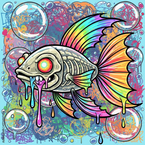 Surreal Rainbow Skeleton Fish Dripping Slime Graffiti Concept