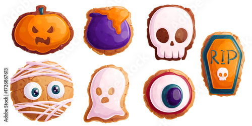 A set of cookies in the form of a mummy, a cauldron, a ghost, a pumpkin on a white background. The concept of Halloween, a holiday. Isolated vector illustration for stickers, design, decoration.
