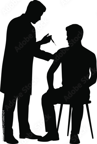 Silhouette of Doctor Administering Vaccine Injection to Man on Transparent Background.