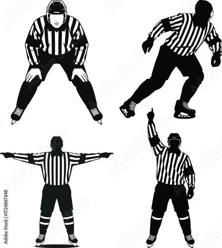 Silhouettes of Ice Hockey Referees in Various Action Poses
