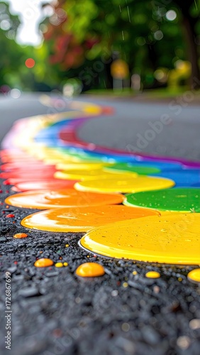Vibrant rainbow paint stripe art on asphalt road surface.