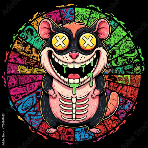 Psychedelic zombie hamster cartoon illustration with a vibrant, colorful stained glass background