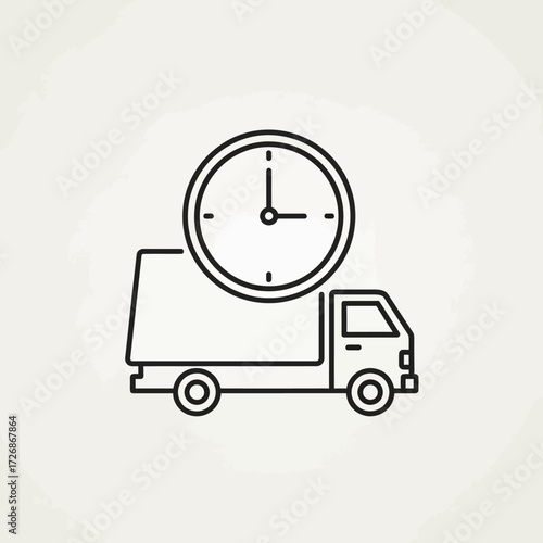 A black and white line drawing of a delivery truck with a clock on top, representing time-sensitive shipping.