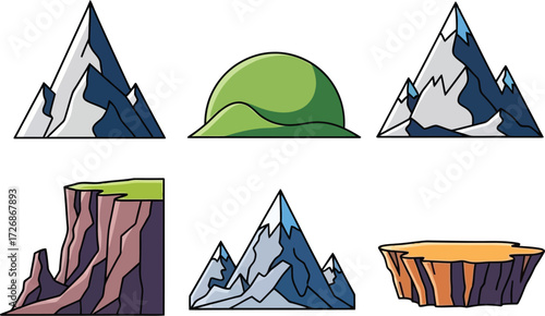 Mountain set with six mountain, hill, and cliff landscapes