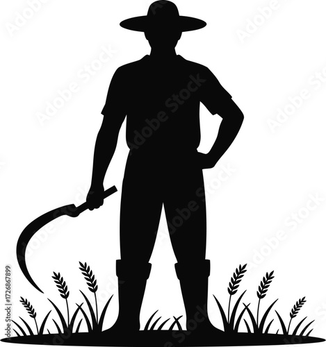 Silhouette of Farmer Holding Sickle Standing in Wheat Field