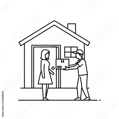 Delivery man handing a package to a woman at her front door.