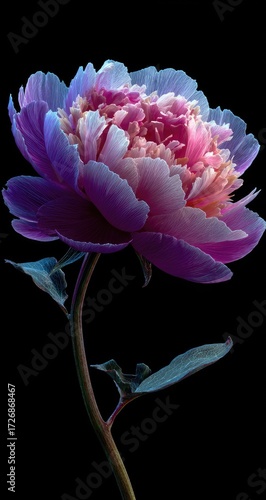 Vibrant peony, gradient of pink and purple, on dark background
