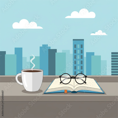 A vector still life of a coffee cup, a book, and glasses on a windowsill, with a simple city skyline visible outside, flat design