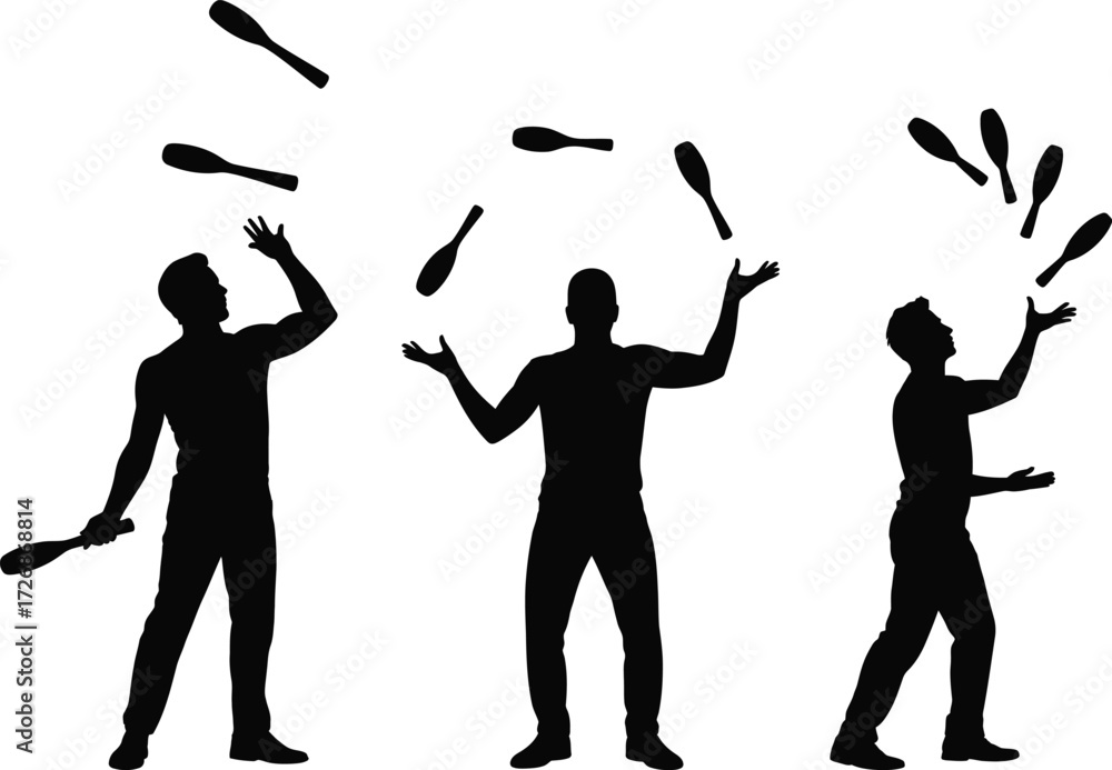 Fototapeta premium Silhouette of Jugglers Performing Club Tossing Tricks on Transparent Background.